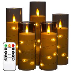 Da by LED Kerzen mit Eingelassener Lichterkette，Batteriebetriebene Kerzen mit Fernbedienung und 24 Stunde Timer，Flackernde Led Kerzen Für Weihnachtsdekoration Heimdekoration(Grau, 5er-Set)