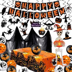iZoeL XXL Halloween Partydeko Gruselig Party Stoff, Horror HAPPY HALLOWEEN Girlande,Spiralen Deckendeko,Skelettgeister, Tischdecke,Gruselige Luftballons, Gruselig Party Deko