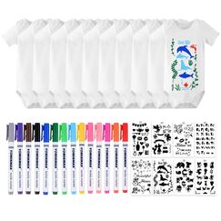 LOEPENLE 10er Set Bemalen Kurzarm Baby Body,Bemalen Babyparty, Baby mit 8 Kurzarmbody mit 8 Kurzarmbody+14 Bunte Textilstift+8 Schablonen f&uuml;r Babyparty Spiele Babyshower Strampler