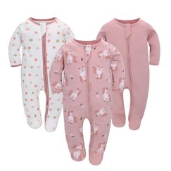 Neugeborenes Baby Jungen M&auml;dchen Strampler mit Fu&szlig; Baby Schlafanzug Einteilige Lange &Auml;rmel Overall S&auml;uglings Fr&uuml;hling Herbst Body, 3er-Pack (Rosa, 0-3M)