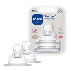 MAM Sauger Gr&ouml;&szlig;e 1 im Doppelpack, Flaschensauger (Durchflussrate langsam), weicher Trinksauger passend f&uuml;r Flaschen/Trainer, ab der Geburt