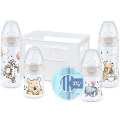 NUK First Choice+ Babyflaschen Starter Set | 0&ndash;6 Monate | 4 Flaschen mit Temperature Control & Flaschenbox | Anti-Colic Air System | BPA-frei | Disney Winnie Puuh