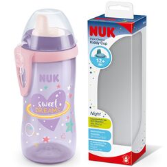 NUK Kiddy Cup Night Trinkbecher f&uuml;r Kleinkinder | 12+ Monate | 300 ml | Auslaufsicheres, verst&auml;rktes Mundst&uuml;ck | Leuchtet im Dunkeln | Clip & Schutzkappe | BPA-frei | Lila