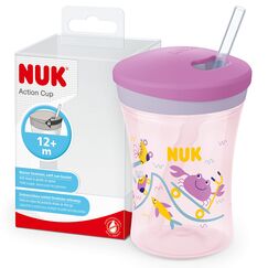 NUK Action Cup Trinkbecher Kinder | 12+ Monate | 230 ml | Drehdeckel mit weichem Strohhalm | auslaufsicher | BPA-frei | lila Krabbe