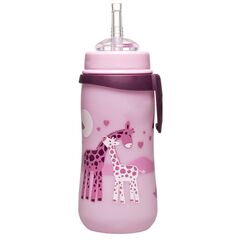 nip - Strohhalmbecher Straw Cup | Leichte, auslaufsichere Kindertrinkflasche mit Trinkhalm aus Silikon ab 12 Monaten. Einfach zu reinigen, 330 ml, Motiv Giraffe, rosa