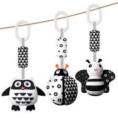 Aolso Kinderwagen Spielzeug, 3Pcs h&auml;ngendes Rasselspielzeug, schwarz-wei&szlig;es Spielzeug, Baby-H&auml;ngespielzeug, Neugeborenes Autositz-Spielzeug f&uuml;r Jungen und M&auml;dchen, sensorisches Lernspielzeug