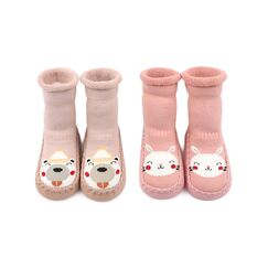 Adorel Baby Hüttenschuhe Gefüttert Frottee Anti-Rutsch Winter Socken 2 Paar Häschen & Bärchen 6-12 Monate (Herstellergröße 12)