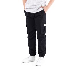 NATUST Jungen Cargohose Kinder Freizeithose Jogginghose Jungs Cargo Hose mit Elastischem Bund Schwarz 158-164
