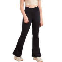 Haloumoning M&auml;dchen Leggings Schlaghosen V Crossover Flared Yogahose Schlag Sporthose Kinder Ausgestellte Hosen f&uuml;r Yoga, Tanz, Laufen Schwarz 9-10 Jahre
