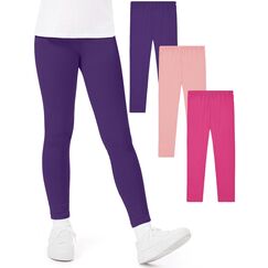 KEREDA 3er-Pack Leggings M&auml;dchen Sporthose Kinder Baumwolle Sport Hose Teenager Turnhose Lang Rosarot/Rosa/Dunkelviolett 134-140