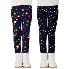 Adorel Mädchen Winter Leggings Gefüttert Warm Bunt Dicke Thermohosen 2er-Pack Bunte Punkte & Bunte Sterne 122-128 (Herstellergröße 130)