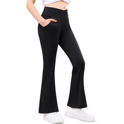 Adorel Mädchen Schlaghosen Bootcut Schlag Sport Leggings mit Taschen Yogahosen Schwarz 134-140 EU (Herstellergröße 140)