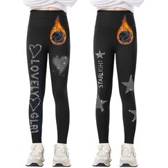 Tilozs Thermo Leggings M&auml;dchen Gef&uuml;tterte Winter Sport Leggings High Waist Elastisch Dicke Warm Hosen 2er-Pack mit Diamantdruck, Herzform+F&uuml;nf Spitze Stern, 134-140(Herstellergr&ouml;&szlig;e: 140)