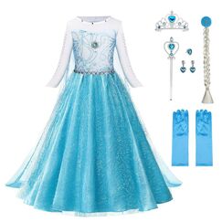 URAQT Kost&uuml;m Kinder M&auml;dchen, 6-teiliges Set Kinder Prinzessin Kleid mit Krone Diadem Handschuhe Zauberstab usw f&uuml;r Weihnachten Karneval Halloween Rollenspiel(120)