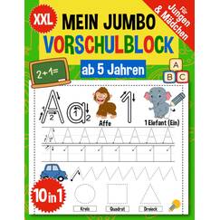 Mein Jumbo Vorschulblock: Spielend einfach Zahlen und Buchstaben lernen plus Schwungübungen - A4 Vorschule Übungshefte ab 5 Jahre für Junge und ... Mädchen - Topfit für den Schulstart, Band 1)