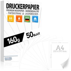 50 BLATT Weißes Druckerpapier A4 160g weiß – PREMIUM PAPIER Reinweiß - DIN A4-21 x 29,7 cm - Zeichenpapier dick,unbedruckt für Uni, Fotografie, Präsentationen, Basteln, hochwertiges Bewerbungspapier