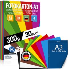 30 Blatt BUNTES PAPIER DIN A3-300g/m² Fotokarton Set 10 Farben - Bastelpapier & Farbige Blätter Pappe, Kinder & DIY Bogen, Basteln für Fotoalbum - BLAUER ENGEL & PEFC zertifiziert - MADE IN GERMANY