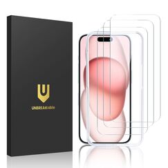UNBREAKcable für iPhone 15 Panzer Schutz Glas [3er Pack], 9H Härte Schutzfolie, Einfache Installationshalterung Panzerfolie, Blasenfrei für Apple 6,1" Displayschutzfolie