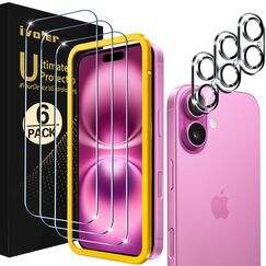 ivoler 3+3 Stück Panzer Schutz Glas für iPhone 16, 3 Stücke Schutzfolie Mit 3 Stück Kameraschutz und Positionierhilfe, 9H Härte, HD Klar, Anti-Kratz, Anti-Bläschen