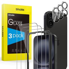 SPARIN für iPhone 16 Panzer Schutz Glas, 3 Stück Schutzfolie und 3 Stück Kameraschutz mit 1 Positionierhilfe, Anti- Kratzer, Bläschenfrei, 9H Härte, HD-Klar