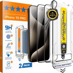 XeloTech Premium-Schutzglas für iPhone 15 Pro - Neue Antistaub-Schablone mit automatischer Ausrichtung, 2 Gläser - Extra Hart härter als 9H