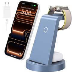 3 in 1 f&uuml;r iPhone Ladestation Schnelles Kabelloses Ladeger&auml;t - Wireless Charger f&uuml;r iPhone 17 Air 16e 16 15 14 13 12 11 X Pro Max & f&uuml;r Apple Watch und f&uuml;r Air Pods 4 3 2 Pro mit 18W Adapter (Blau)
