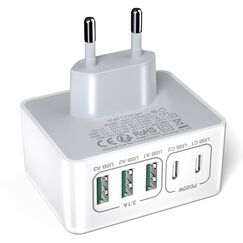 Ladegerät USB C 50 W, Adapter Steckdose USB Multi-Ladegerät, 5 Ports, Schnellladegerät iPhone für iPhone 17 16 15 14 13 12 11 Pro Max X XS XR 8, iPad, Schnellladegerät Samsung, Pixel