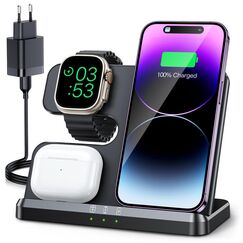 JARGOU 3 in 1 Kabellose Ladestation für Apple, Induktive Ladestation für iPhone 17 Pro Max 16 15 14-8, Wireless Charger für Apple Watch 11/Ultra 3/10/9/8/7/6 & AirPods Pro 4 3 2 - Ohne Kabelchaos