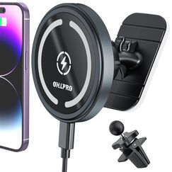 OHLPRO Magsafe Autohalterung mit Ladefunktion, 15W Schnellladegerät Handyhalterung Auto Magnet für iPhone 17 16 15 14 13 12 Pro Max Plus, Induktive Ladestation für Armaturenbrett & Lüftung, Grau