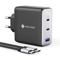 NOVOO 120W USB C Ladegerät GaN Ⅲ 3-Port USB C Netzteil Schnellladegerät mit 1 PD 100W Typ-C-Kabeln Wandladegerät für MacBook Pro 14'',Dell XPS 13,iPad Pro,iPhone 15,Galaxy S23,Note20,Apple Watch