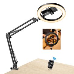 Evershop Ringlicht mit Stativ Handy Overhead 10”, Ring Light mit Fernsteuerung Ringleuchte Tish für Videos Fotos,3 Lichtfarben&10 Helligkeiten 360° Drehbar, Flexibel Dimmbar für Stream TikTok YouTube
