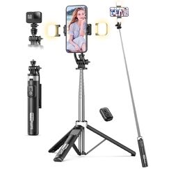 135CM Selfie Stick mit 2 Fülllicht, All-in-1 Handy Stativ mit Abnehmbarer Fernbedienung, 360° Drehbarer Tragbar Stativ Handyhalterung Stabil Selfie Stange Kompatibel mit iPhone/Samsung/Android