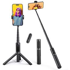ATUMTEK Selfie Stick Stativ, 3-in-1 Ausziehbares Aluminium Handy Stativ mit kabelloser Bluetooth-Fernbedienung, Kompatibel mit iPhone 17/16/15/14/13/12 mini/11 Pro und Samsung Smartphones, Schwarz
