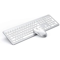 Tastatur Maus Set Kabellos, seenda SK38-3 Ultra-Dünne Wiederaufladbare Funktastatur, Ergonomische Keyboard Mouse mit Silikon Staubschutz für PC/Laptop/Smart TV, QWERTZ Layout Weiß und Silber