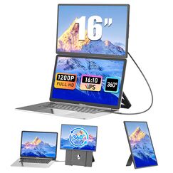 Portable Monitor, 16 " FHD 1200P Laptop Screen Extender, nach oben und unten verstellbar und 360 ° drehbar abnehmbarer Ständer, Travel Monitor für Laptop, tragbare Bildschirm für Windows / PC / Mac