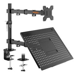 Redbat Monitorarm mit Laptopfach, Dual Screens, Voll einstellbar für 13 bis 32 Zoll LCD LED Bildschirm bis 8kg & Notebook bis 16 Zoll, Neigen, Schwenken & Drehen, 2 Befestigungsmöglichkeiten
