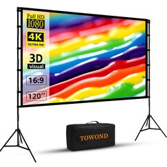 TOWOND Projektor-Leinwand und Ständer, 120 Zoll tragbare Projektionsleinwand für drinnen und draußen, 16:9, 4K HD, faltenfrei, leichte Filmleinwand mit Tragetasche für Hinterhof-Filmabend