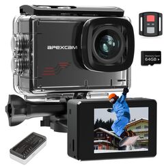 Apexcam M80 mit 64G Karte Action Cam 4K60FPS 48MP WLAN Sportskamera Unterwasserkamera 40m Wasserdicht 8X Zoom 2.4G Fernbedienung 2x1350mAh Akkus mit Zubehör Halterungs-Set