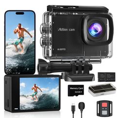 Camlance Action Cam 4K60FPS mit 64GB Karte,HD 48MP 40M Wasserdicht Unterwasserkamera 8X Zoom,WiFi EIS Stabilisierte Helmkamera Fernbedienung Actionkameras,2 * 1350 Akkus-Helmhalterung Zubehör Kits