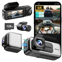 BOTSLAB 4K 3-Kanal Dashcam Auto Vorne Hinten, 3 Channel 4K+1080P+1080P, GPS 5.8GHz WiFi Dash Cam mit 128GB SD Karte, 3.18",Super Nachtsicht,WDR, Sprachbefehl,G-Sensor,Loop-Aufnahme,Parküberwachung
