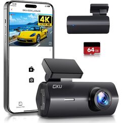 GKU 4K Dashcam Auto,Dashcam Auto Vorne, Auto Kamera mit integriertem WLAN,170° Weitwinkel,Nachtsicht,WDR,24H Parküberwachung,Loop-Aufnahme,G-Sensor,Dash cam inklusive 64GB SD Karte