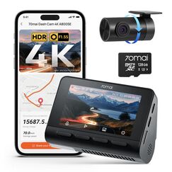 70mai A800SE Dashcam Auto Vorne Hinten 4K HDR 2160P+1080P mit 128GB SD Karte, Dual Autokamera 3" IPS, F1.55 Blende Nachtsicht, 210Sek.Puffer Notfall-Voraufzeichnung, Parküberwachung, Max 512GB