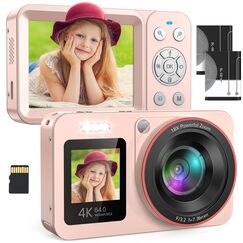 Digitalkamera 4K 64MP FHD Fotokamera für Kinder Fotoapparat 18X Digitalzoom Fotokamera Kompaktkamera mit 2 Bildschirme, 64GB SD Karte für Kinder Teenager Anfänger, Rosa