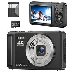 Digitalkamera 4K FHD Vlogging, kompakte Kamera mit 64 MP mit 16-fachem Digitalzoom, wiederaufladbar mit 7,11 cm (2,8 Zoll), Mini-Kinderkamera mit 32 GB Speicherkarte