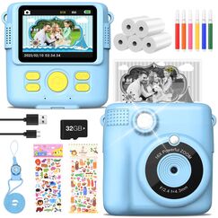 MILFECH Kinderkamera Sofortbildkamera, 1080P 2,4 Zoll Bildschirm DigitalKamera Kinder mit 5 Rollen Druckpapier,32GB Karte, Fotokamera mit 6 Farbigen Stiften,2 Aufkleber Geschenk für Kinder(Blau)