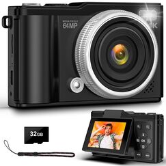 4K 64MP Digitalkamera, 180° Drehbildschirm Autofokus Kamera Fotoapparat mit Makrofunktion und 16-fachem Digitalzoom Kompaktkamera für Teenager Junge Mädchen 8-16 Jahre