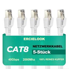 Ercielook Lan Kabel 0,15m (5 Stück) - Hochgeschwindigkeits 40 Gbit/s Cat8-Netzwerkkabel für den Außen- und Innenbereich, wetterfest, UV-beständig für Router/Gaming/Modem