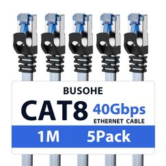 BUSOHE Cat 8 LAN Kabel 1m (5-Stück), 40Gbps 2000MHz Ethernet Kabel Netzwerkkabel, Flach Hochgeschwindigkeits Gigabit RJ45 Patchkabel, Geflochtener Internet Kabel Kompatibel mit PC, Router, Modem