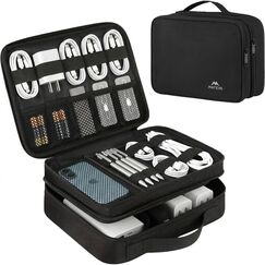MATEIN Kabeltasche Groß, Kabeltasche Organizer mit DREI Verschiedene Fächer, Tragbarer Kabel Organizer Tasche für Ladekabel, Ladestecker, Kable Tasche für Handy, Lagerung, Reise, Tablet, Schwarz
