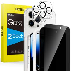 SPARIN [2+2 Stück Sichtschutz, Schutzfolie für iPhone 14 Pro 6,1 Zoll, mit Rahmen-Installationshilfe, 2 Displayschutz, 2 Kameraschutz, 9H Härte Glas, Anti-Spy Folie]